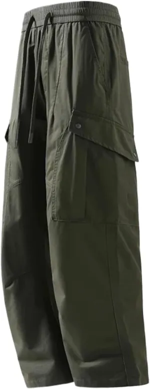 Spring Summer Men Straight Cargo Pants Multi-Pockets Drawstring Waist Casual Pants Male Loose Cargo Trousers