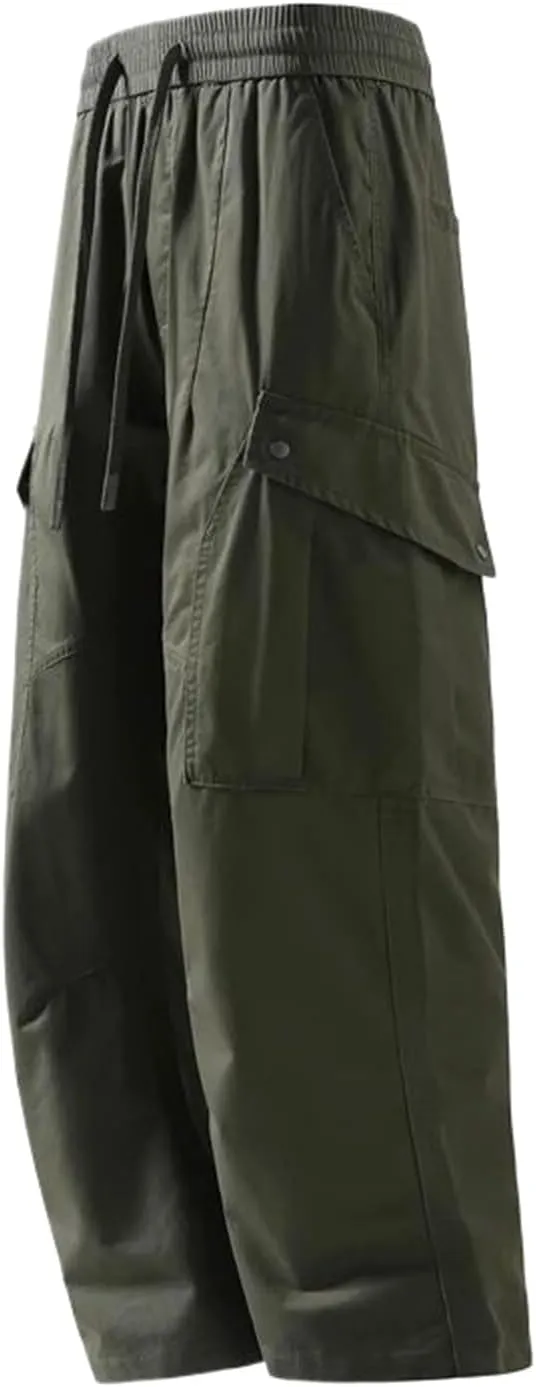 Spring Summer Men Straight Cargo Pants Multi-Pockets Drawstring Waist Casual Pants Male Loose Cargo Trousers