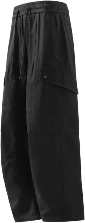 Spring Summer Men Straight Cargo Pants Multi-Pockets Drawstring Waist Casual Pants Male Loose Cargo Trousers