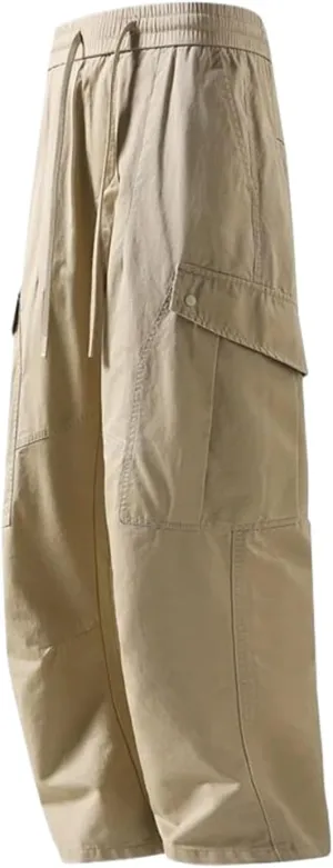 Spring Summer Men Straight Cargo Pants Multi-Pockets Drawstring Waist Casual Pants Male Loose Cargo Trousers