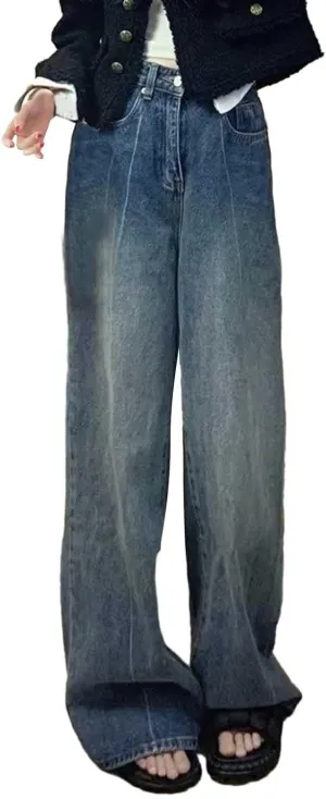 Straight Leg Jeans for Women High Waisted Frayed Baggy Pants Raw Hem Loose Floor Length Wide Leg Boyfriends Jeans