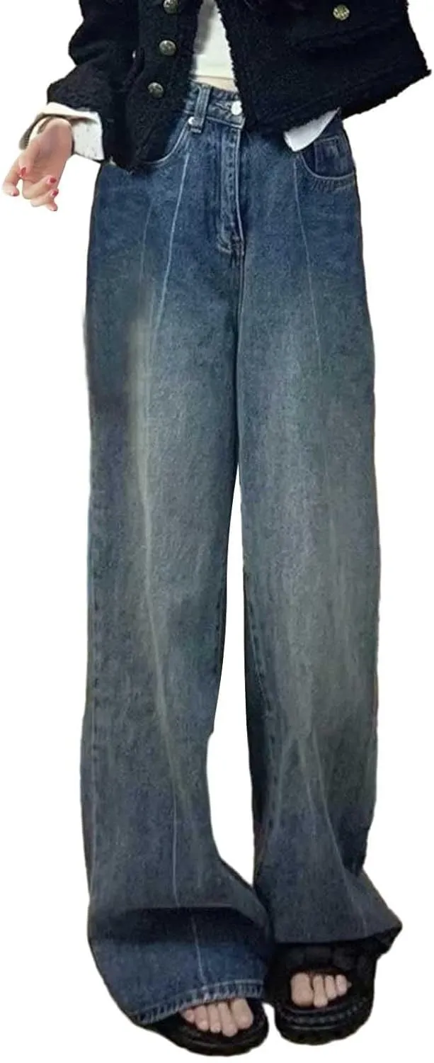 Straight Leg Jeans for Women High Waisted Frayed Baggy Pants Raw Hem Loose Floor Length Wide Leg Boyfriends Jeans
