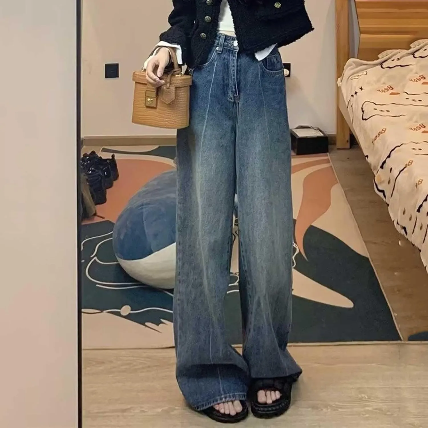 Straight Leg Jeans for Women High Waisted Frayed Baggy Pants Raw Hem Loose Floor Length Wide Leg Boyfriends Jeans