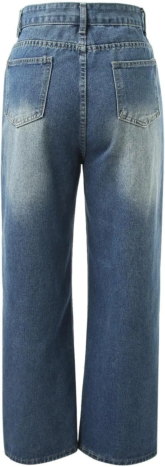 Straight Leg Jeans for Women High Waisted Frayed Baggy Pants Raw Hem Loose Floor Length Wide Leg Boyfriends Jeans