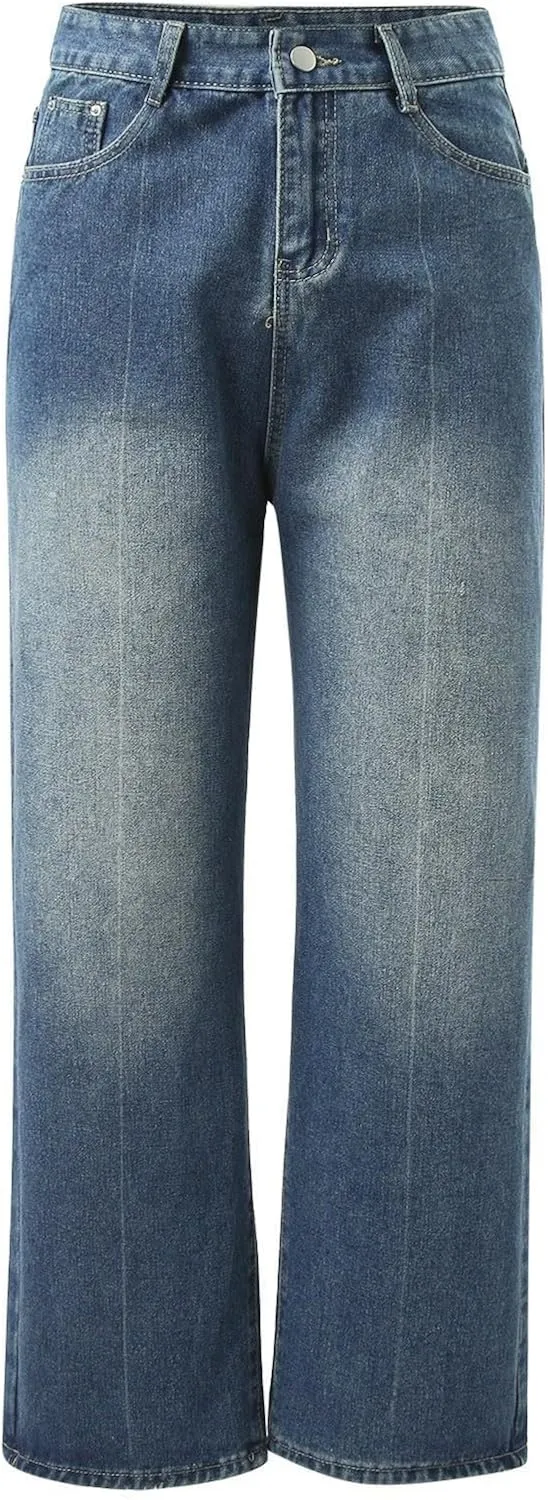 Straight Leg Jeans for Women High Waisted Frayed Baggy Pants Raw Hem Loose Floor Length Wide Leg Boyfriends Jeans