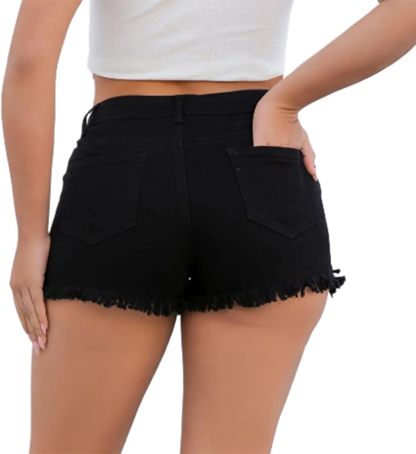 Stretchy Denim Shorts Women High Waisted Frayed Raw Hemline Ripped Jean Shorts Side Slit Tummy Control Mini Short Pants