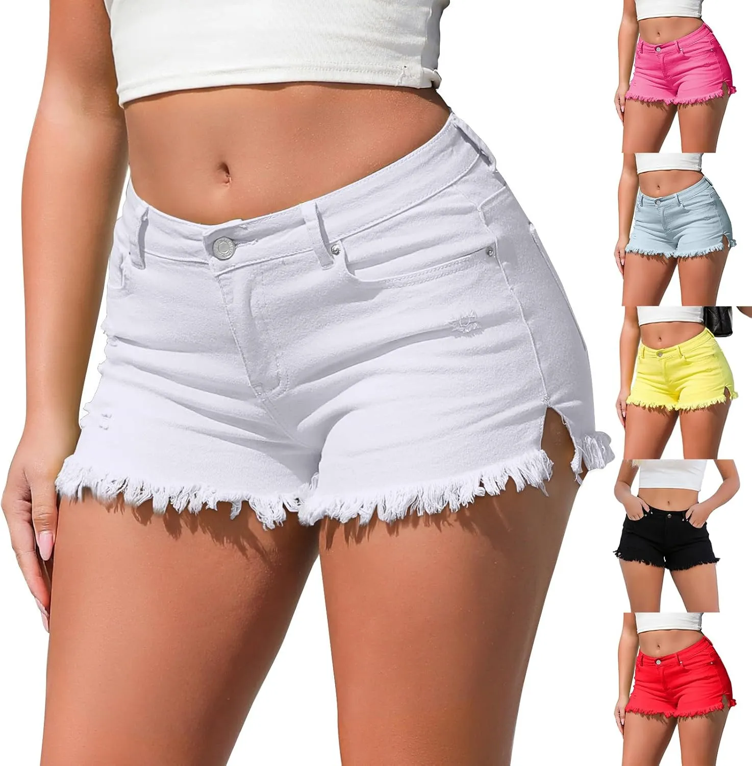 Stretchy Denim Shorts Women High Waisted Frayed Raw Hemline Ripped Jean Shorts Side Slit Tummy Control Mini Short Pants