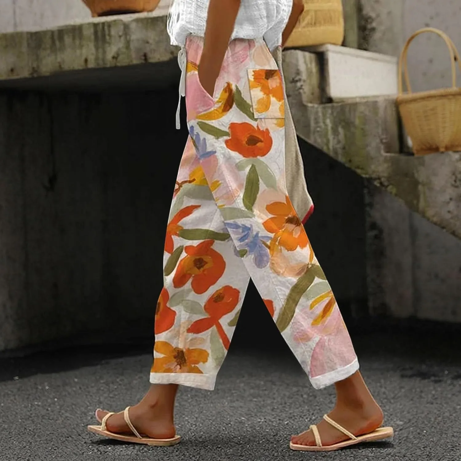 Striped Linen Capris Women Casual Drawstring Pants Linen Pants Women Capri Linen Pants Women Capri Linen