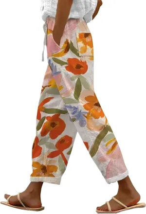 Striped Linen Capris Women Casual Drawstring Pants Linen Pants Women Capri Linen Pants Women Capri Linen