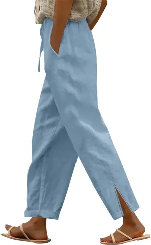 Striped Linen Pants for Women Cropped Trim Elastic Waist Capris Lightweight Summer Beach Trousers with Pockets