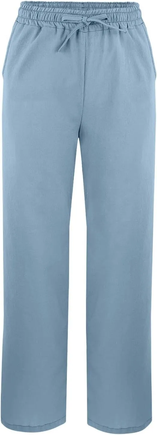 Striped Linen Pants for Women Cropped Trim Elastic Waist Capris Lightweight Summer Beach Trousers with Pockets
