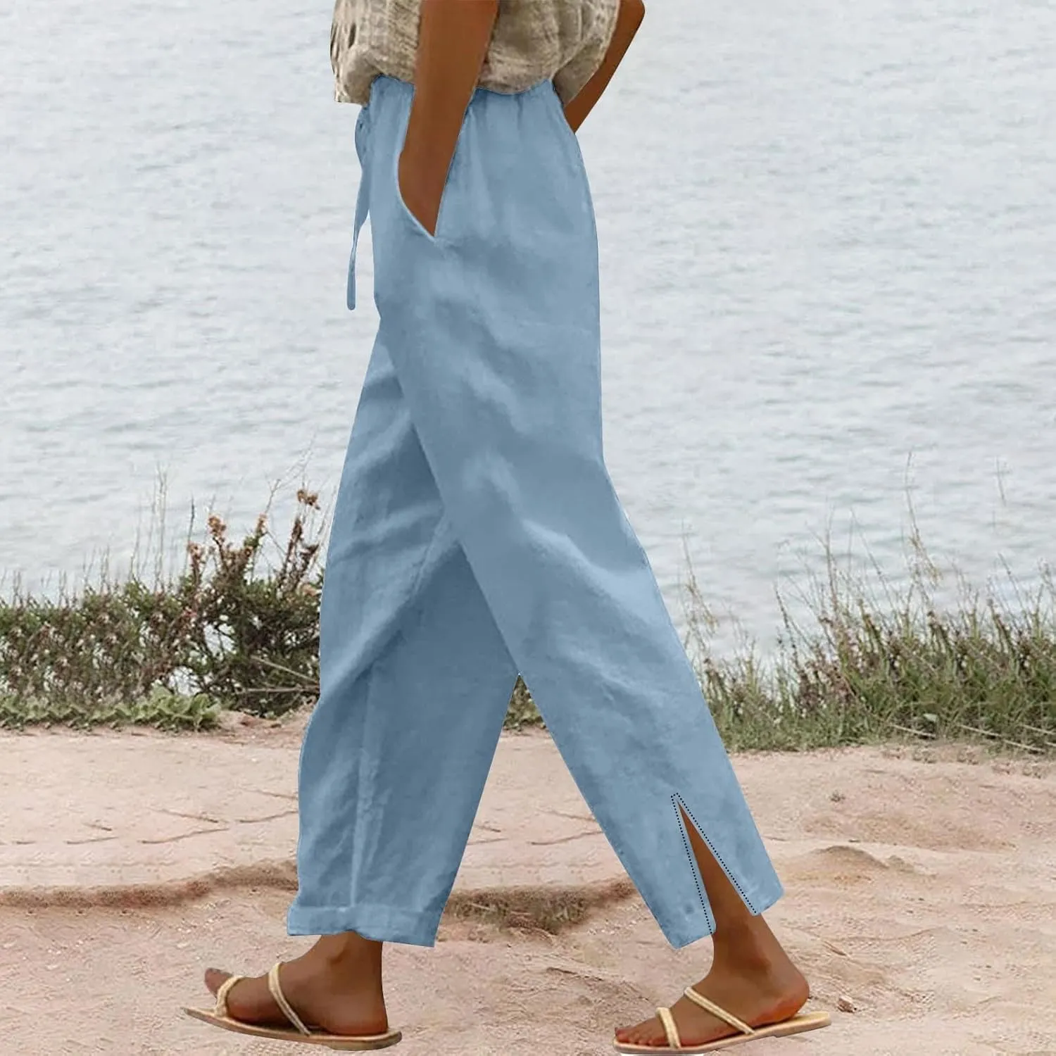 Striped Linen Pants for Women Cropped Trim Elastic Waist Capris Lightweight Summer Beach Trousers with Pockets