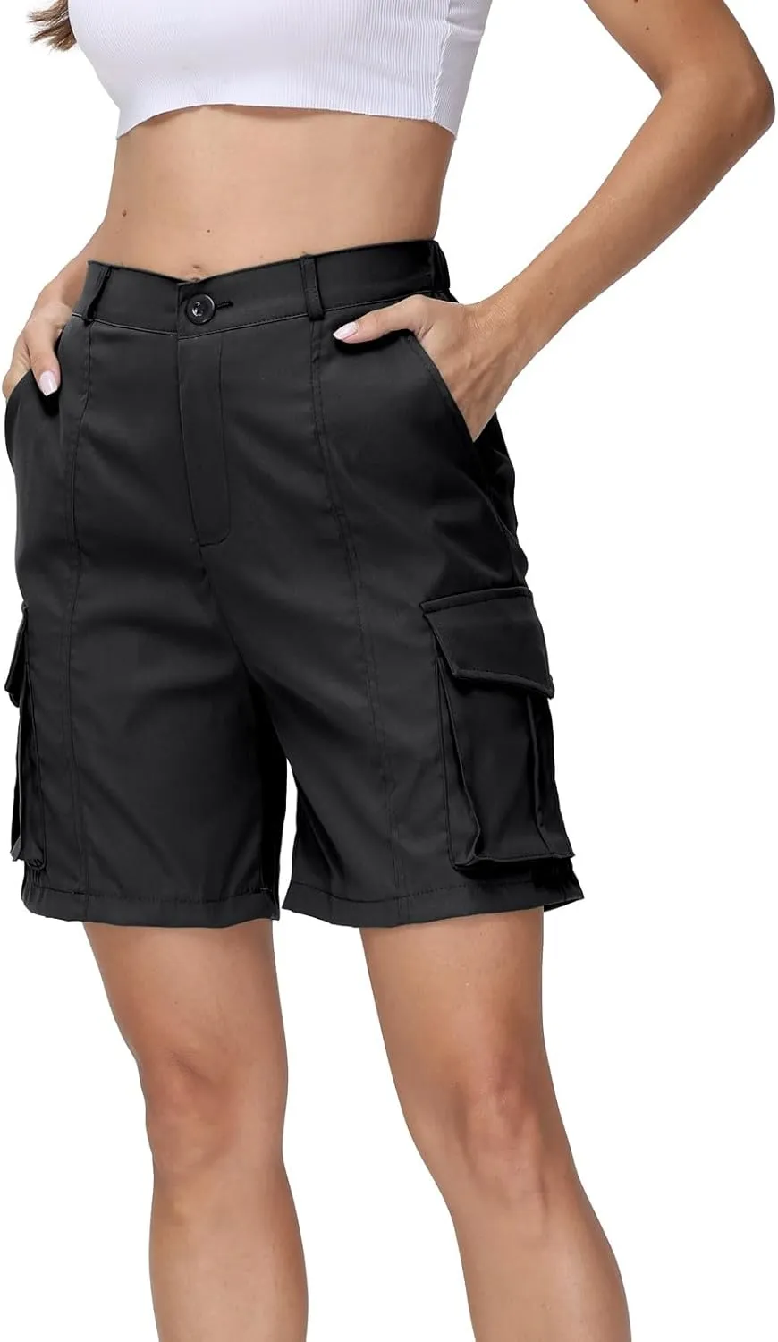 Summer Bermuda Cargo Shorts Women Knee Length Hiking Shorts 6 Pockets Casual High Waisted Camping Travel Shorts 2024