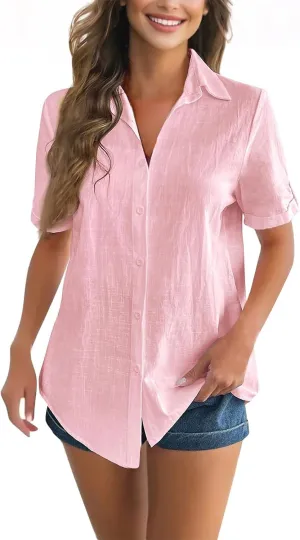 Summer Shirts for Women V Neck Short Sleeve Casual Loose Tees Lapel Button Down Tops 2025 Trending Now