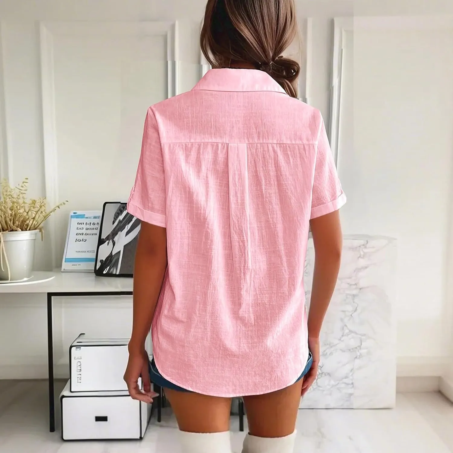 Summer Shirts for Women V Neck Short Sleeve Casual Loose Tees Lapel Button Down Tops 2025 Trending Now