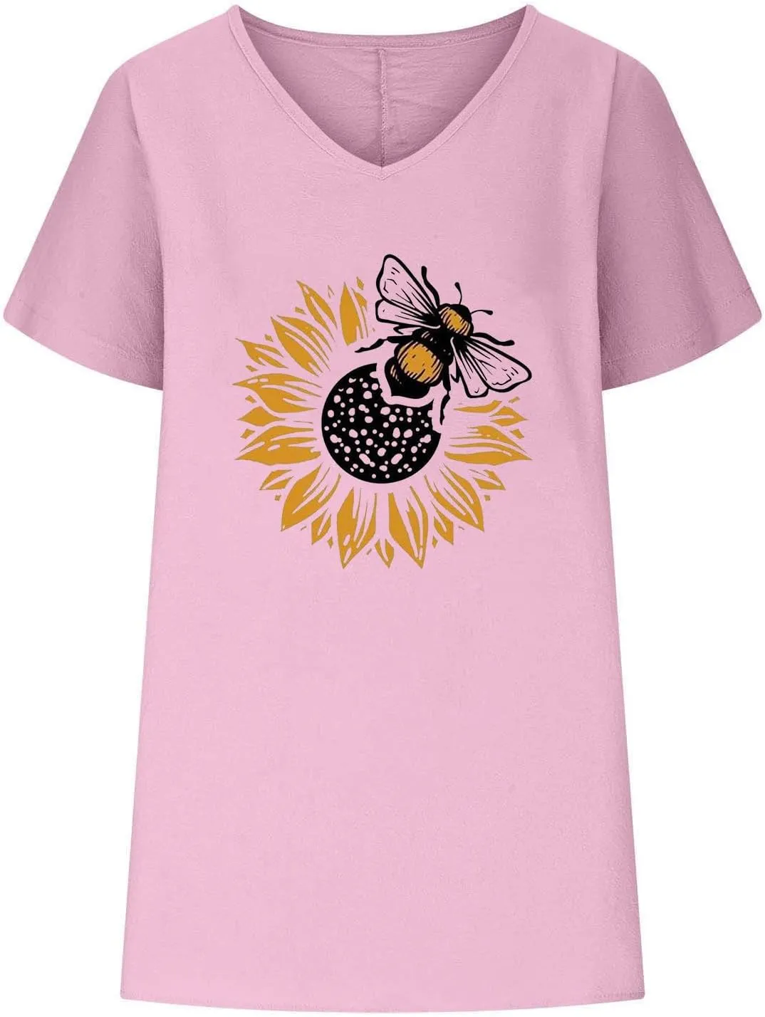 Summer Womens Cotton Linen T-Shirt Casual Sunflower Bees Printed Tops Short Sleeve V-Neck Shirts Comfy Loose Blouse