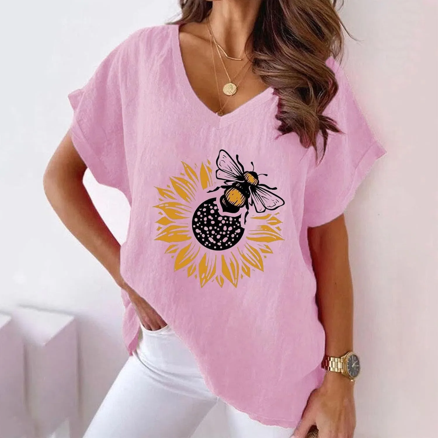 Summer Womens Cotton Linen T-Shirt Casual Sunflower Bees Printed Tops Short Sleeve V-Neck Shirts Comfy Loose Blouse