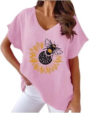 Summer Womens Cotton Linen T-Shirt Casual Sunflower Bees Printed Tops Short Sleeve V-Neck Shirts Comfy Loose Blouse
