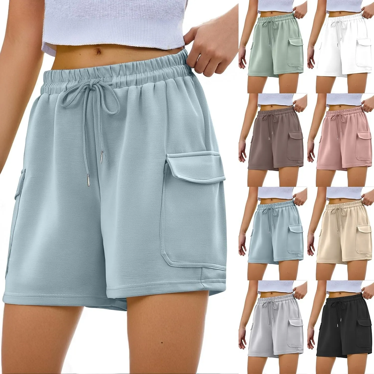 Summer Workout Shorts Women Drawstring High Waist Cotton Sweat Shorts Baggy Running Athletic Short Pants with Pockets