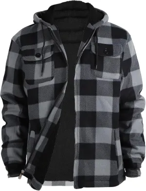 TanBridge Men's Flannel Plaid Jacket Full Zip Fleece Flannel Sherpa Hoodies Heavyweight Fleece Lined Warm Coat