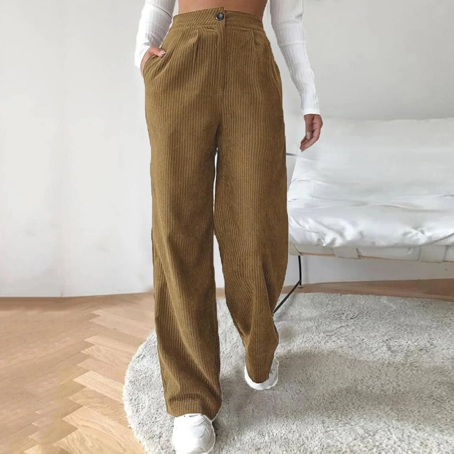 Thatrich Womens Corduroy Pants High Waisted Sweatpant Wide Leg Palazzo Pant Dressy Straight Leg Trouser for Work Lounge Pants