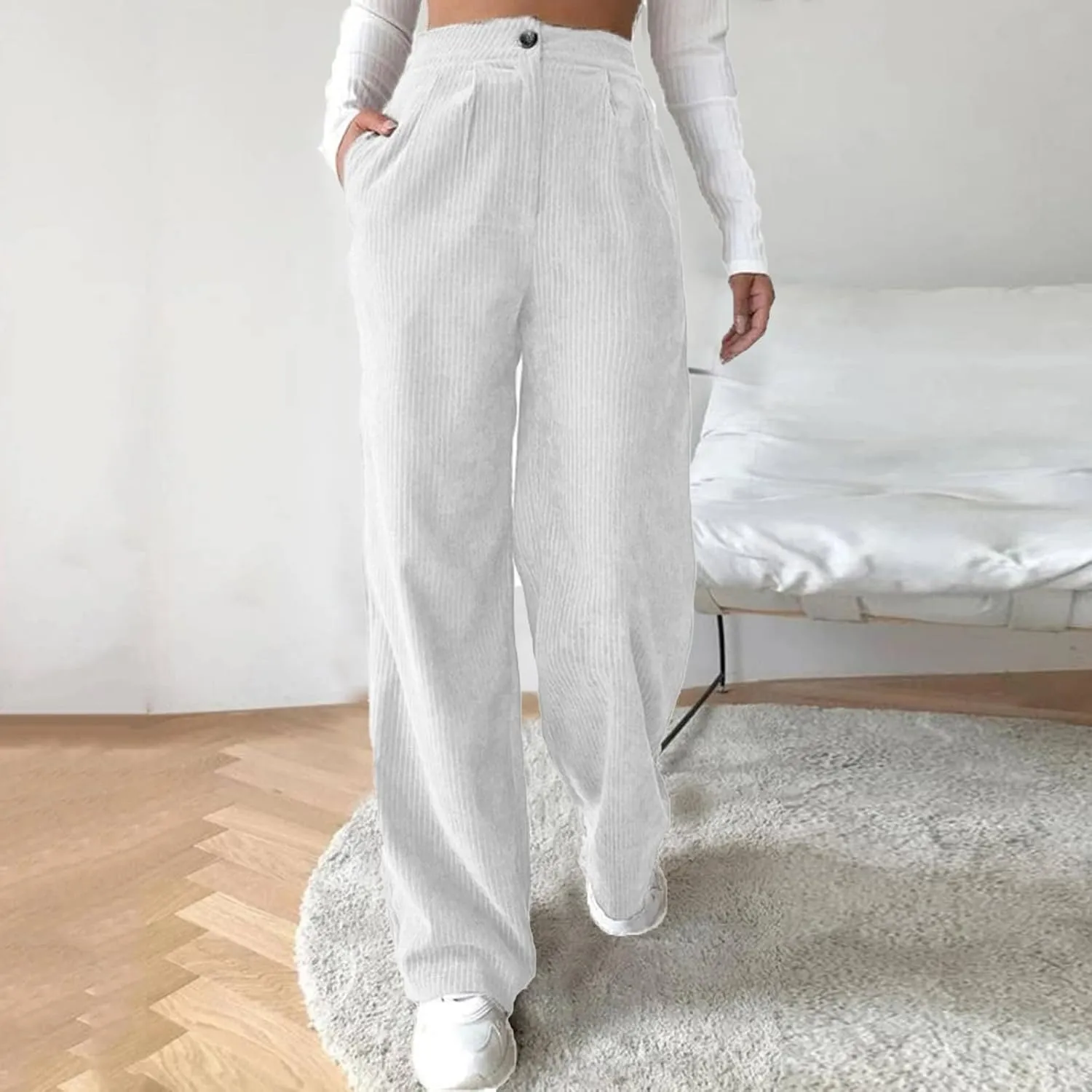 Thatrich Womens Corduroy Pants High Waisted Sweatpant Wide Leg Palazzo Pant Dressy Straight Leg Trouser for Work Lounge Pants