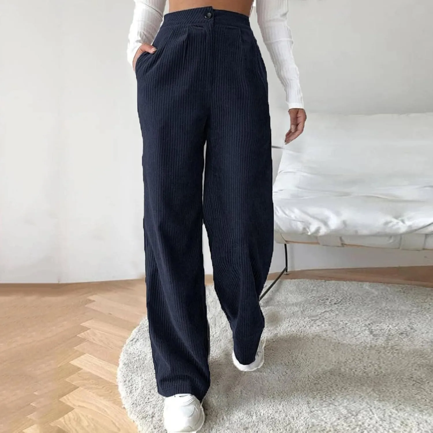 Thatrich Womens Corduroy Pants High Waisted Sweatpant Wide Leg Palazzo Pant Dressy Straight Leg Trouser for Work Lounge Pants