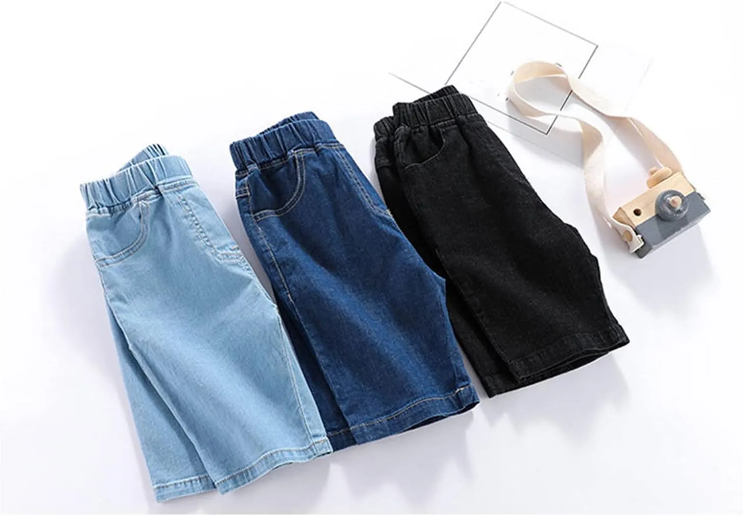 Toddler Pull On Chambray Shorts Boys Girls Roll Up Hem Denim Shorts Elastic Waist Midi Jeans Cargo Pants for Girls