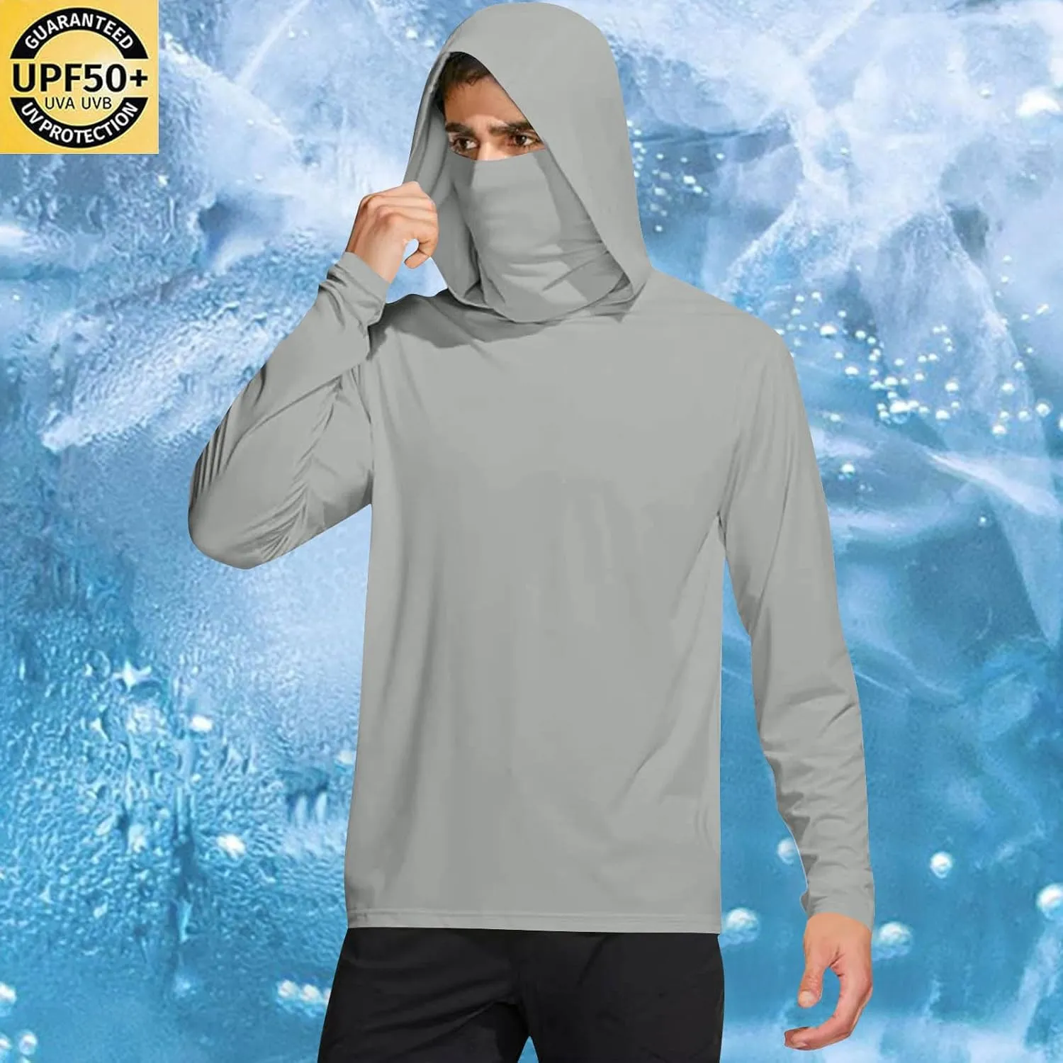 UPF 50  Shirts for Men Long Sleeve UV Sun Protection Rash Guard Fishing Shirts Lightweight Sun Hoodies with Face Mask