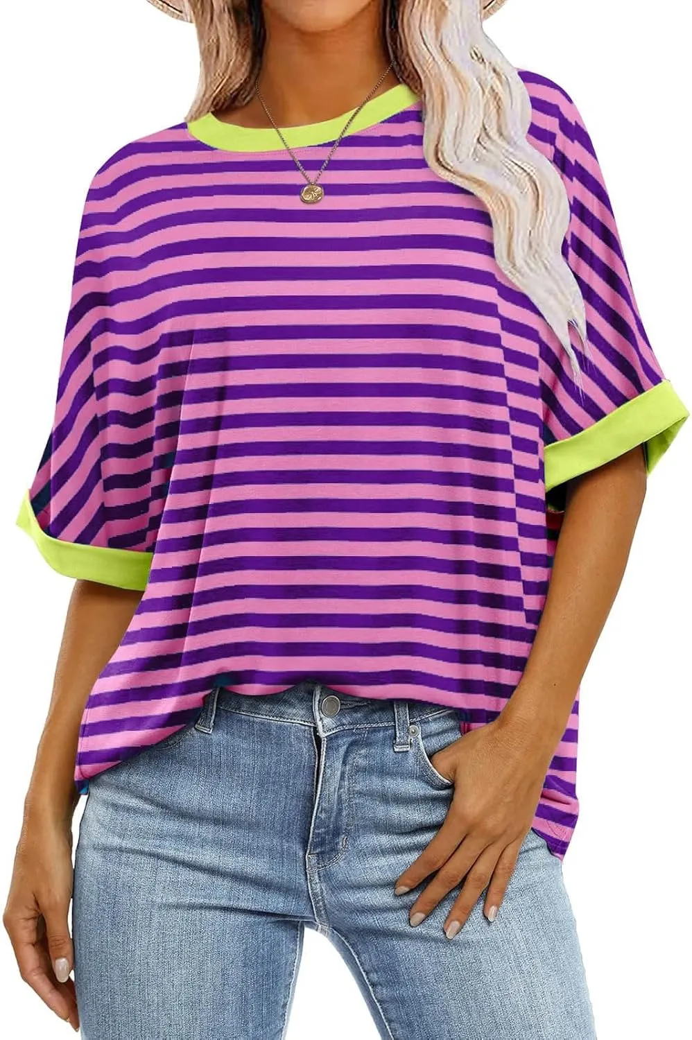 UQRZAU Shirts for Women, Striped Plus Size Birthday Outfits Crew Neck T Clothes Womens Summer Western Shirt, S, 5XL