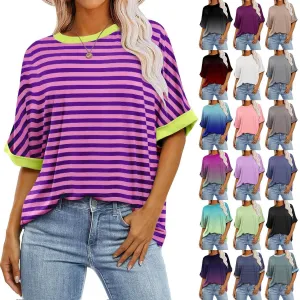 UQRZAU Shirts for Women, Striped Plus Size Birthday Outfits Crew Neck T Clothes Womens Summer Western Shirt, S, 5XL