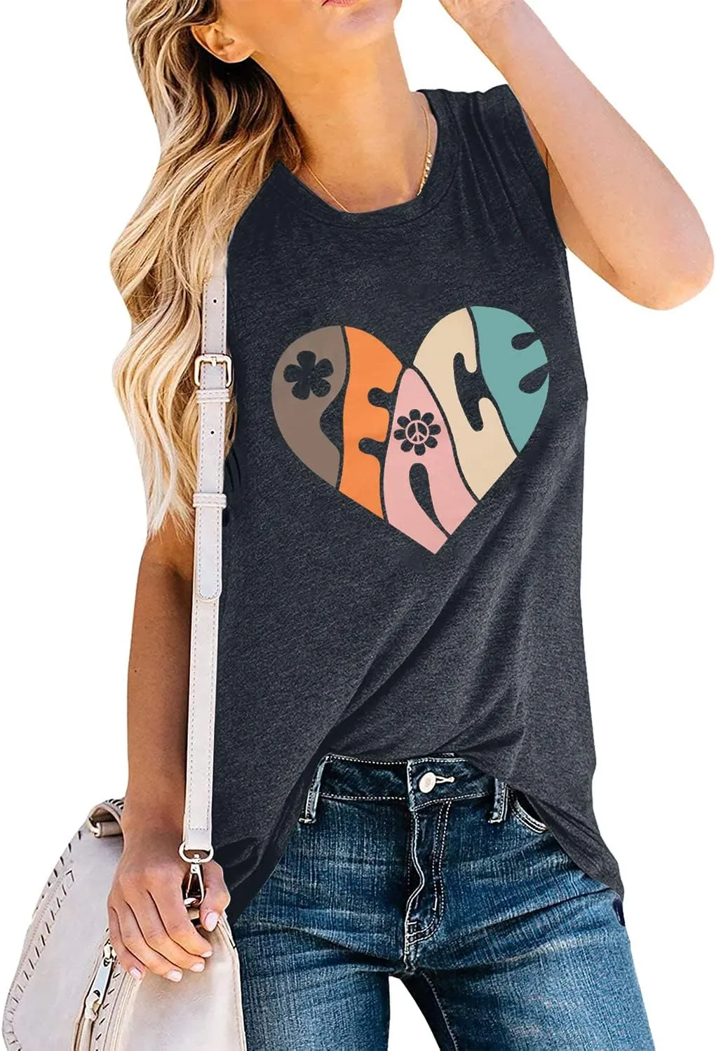 VILOVE Peace Love Shirt Women 70s Hippie Shirts Soul Inspirational Hippy Tops Vintage Graphic Tees Short Sleeve - Sleeveless