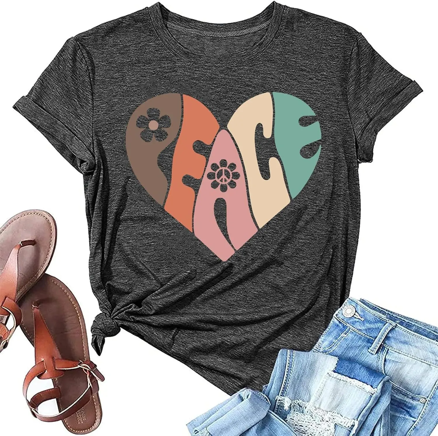 VILOVE Peace Love Shirt Women 70s Hippie Shirts Soul Inspirational Hippy Tops Vintage Graphic Tees Short Sleeve - Sleeveless