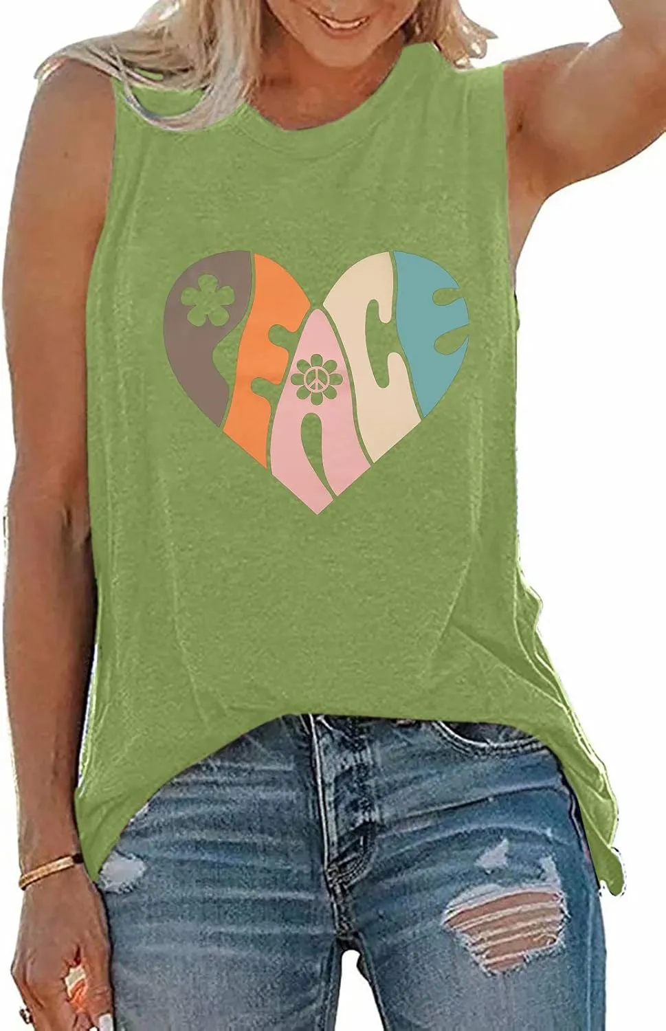 VILOVE Peace Love Shirt Women 70s Hippie Shirts Soul Inspirational Hippy Tops Vintage Graphic Tees Short Sleeve - Sleeveless