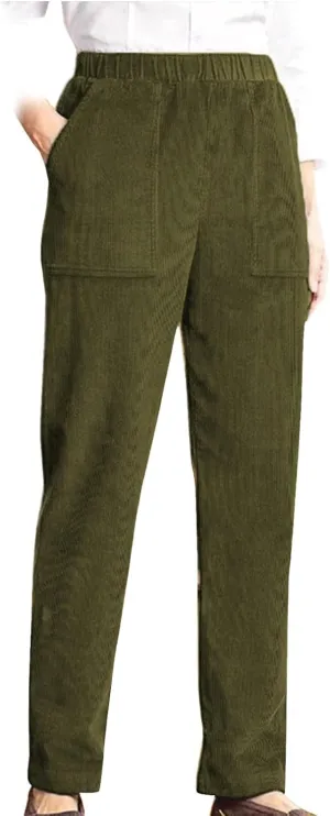 Vintage Corduroy Pants for Women Elastic High Waist Straight Wide Leg Pants Fall Winter Work Trousers with Pockets