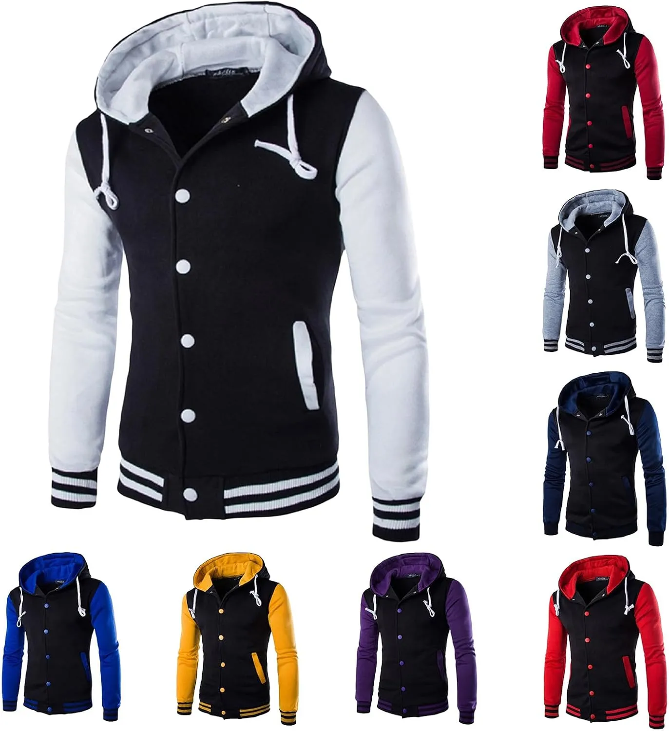 Wankang Mens Hoodie Baseball Jacket Button Down Varsity Jacket Hooded Lightweight Letterman Bomber jacket Coats for Men
