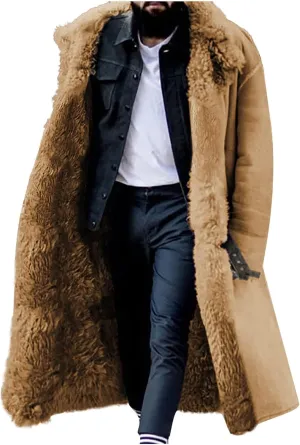 Wankang Sherpa Lined Long Jacket Men Faux Leather Shearling Jacket Mens Fur Long Trench Coats Winter Sheepskin Fleece Coat