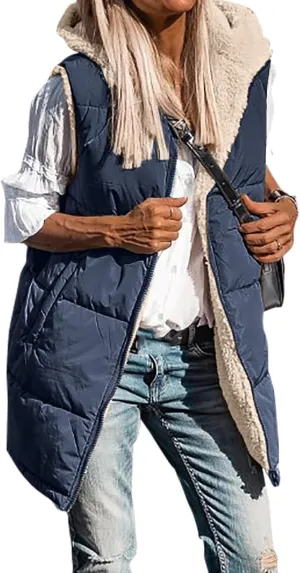 Wankang Womens Fuzzy Fleece Lined Vest Reversible Sherpa Full Zip Jacket Lightweight Warm Quilted Sleeveless Outwear Pockets