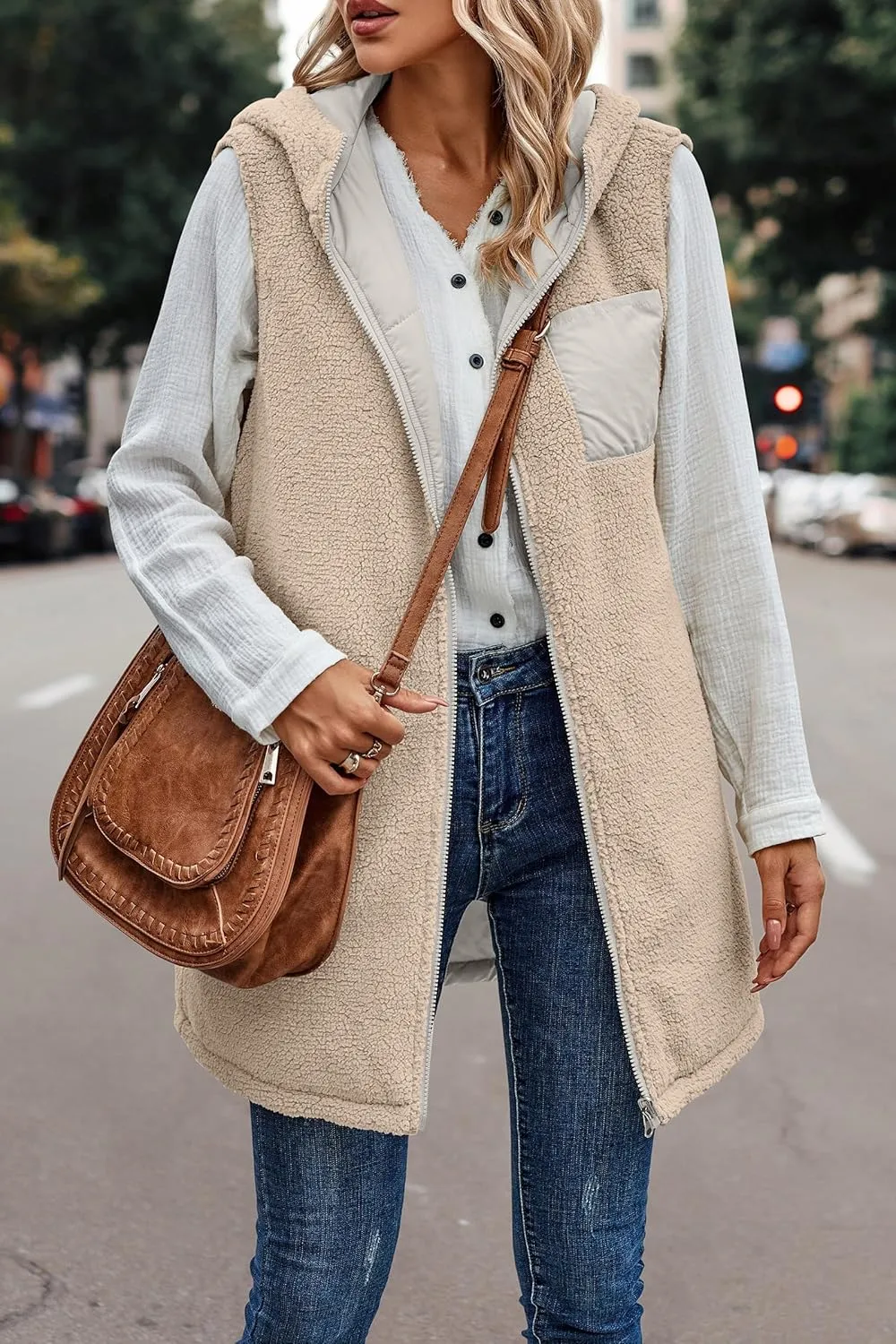 Wankang Womens Fuzzy Fleece Lined Vest Reversible Sherpa Full Zip Jacket Lightweight Warm Quilted Sleeveless Outwear Pockets