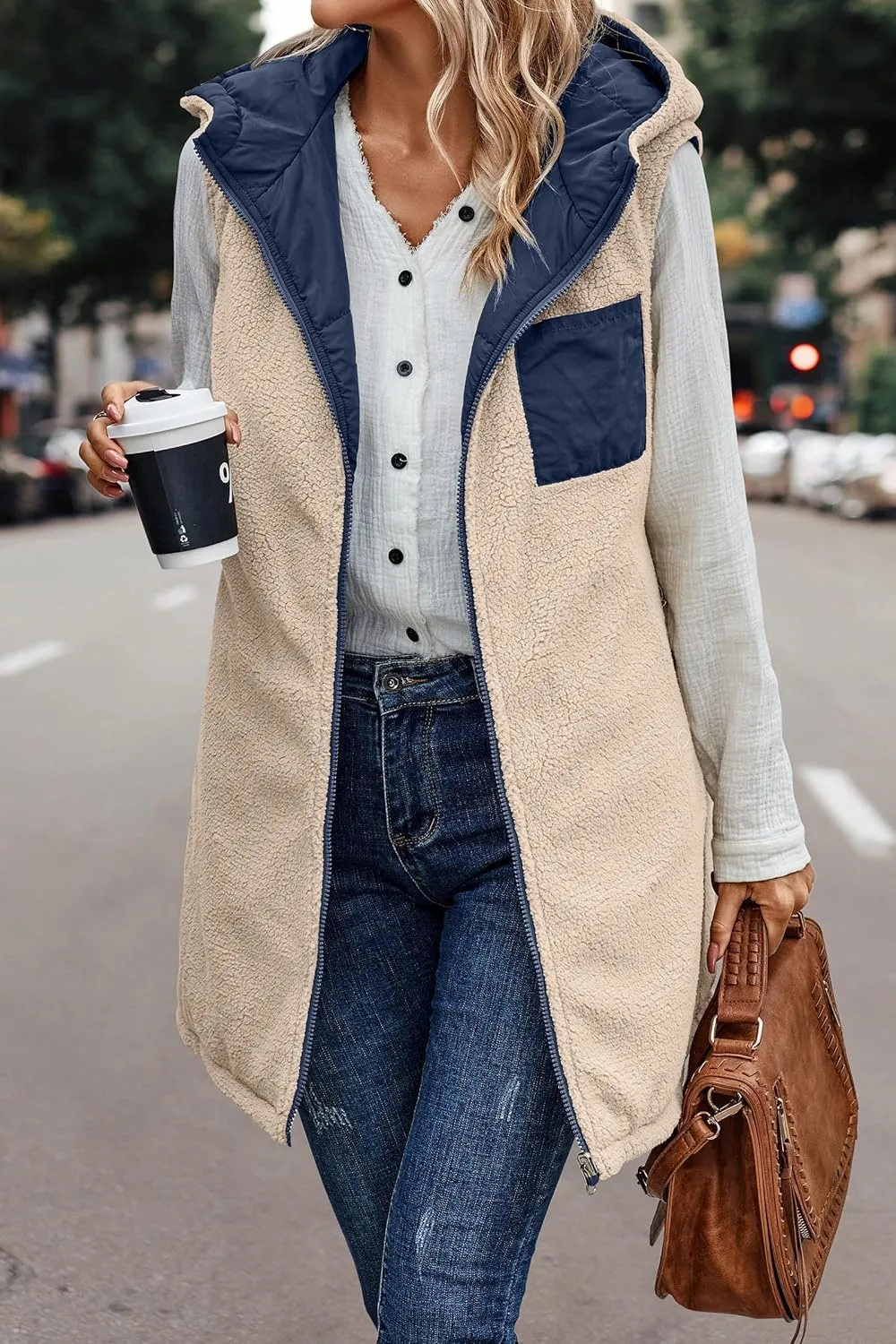 Wankang Womens Fuzzy Fleece Lined Vest Reversible Sherpa Full Zip Jacket Lightweight Warm Quilted Sleeveless Outwear Pockets
