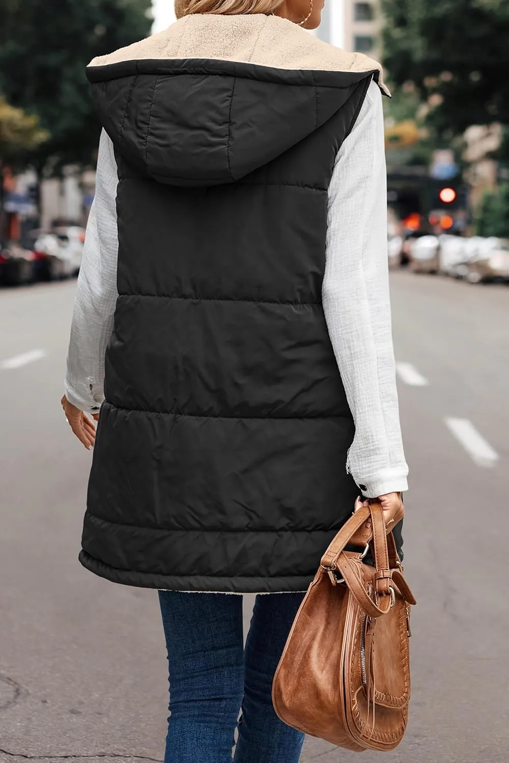 Wankang Womens Fuzzy Fleece Lined Vest Reversible Sherpa Full Zip Jacket Lightweight Warm Quilted Sleeveless Outwear Pockets