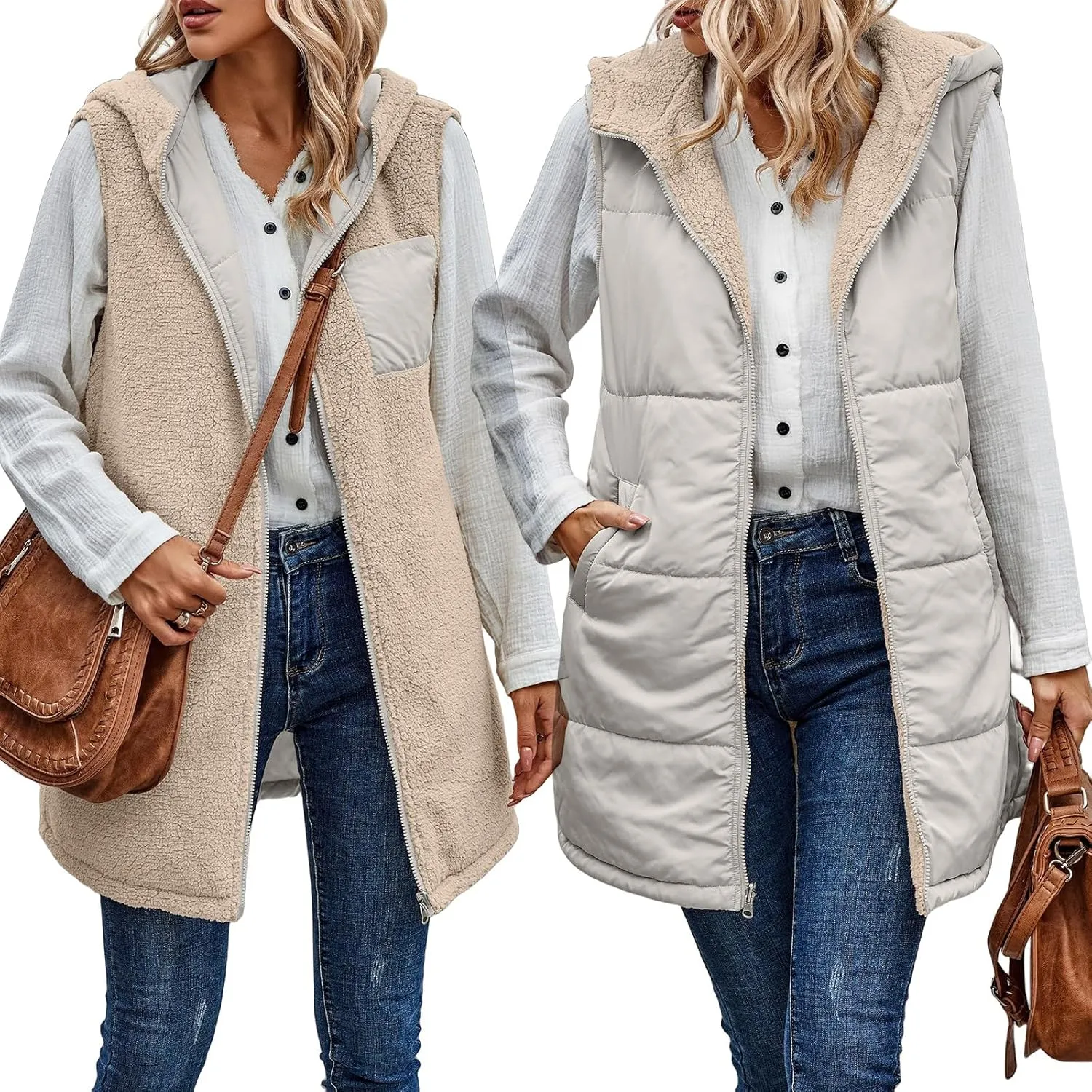 Wankang Womens Fuzzy Fleece Lined Vest Reversible Sherpa Full Zip Jacket Lightweight Warm Quilted Sleeveless Outwear Pockets