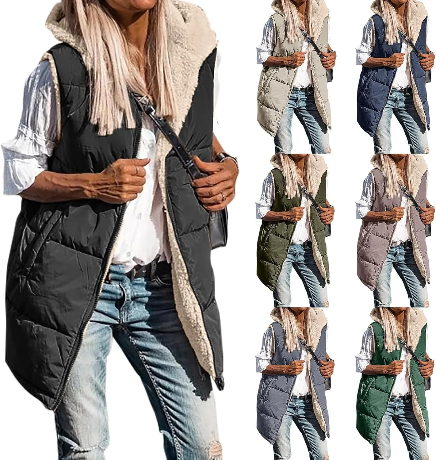 Wankang Womens Fuzzy Fleece Lined Vest Reversible Sherpa Full Zip Jacket Lightweight Warm Quilted Sleeveless Outwear Pockets