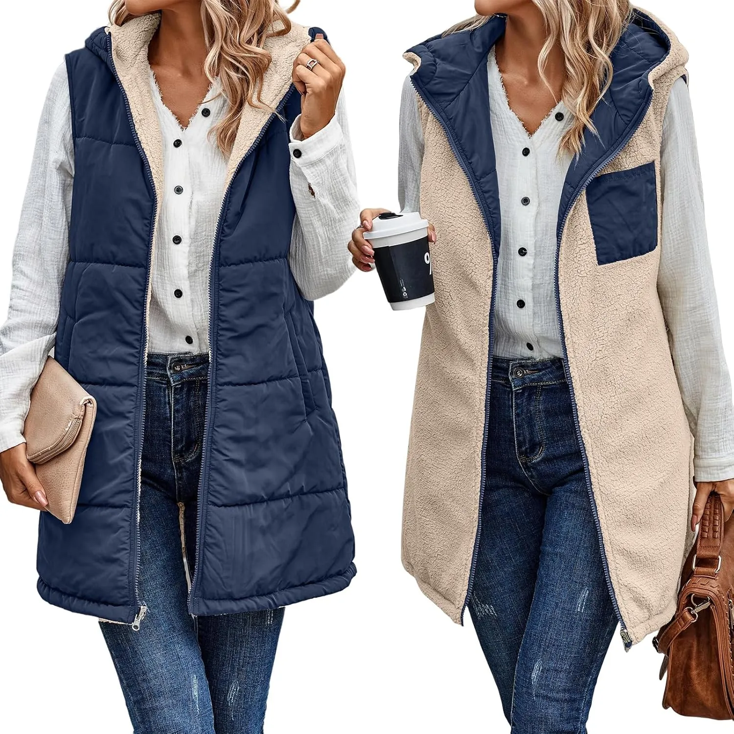 Wankang Womens Fuzzy Fleece Lined Vest Reversible Sherpa Full Zip Jacket Lightweight Warm Quilted Sleeveless Outwear Pockets