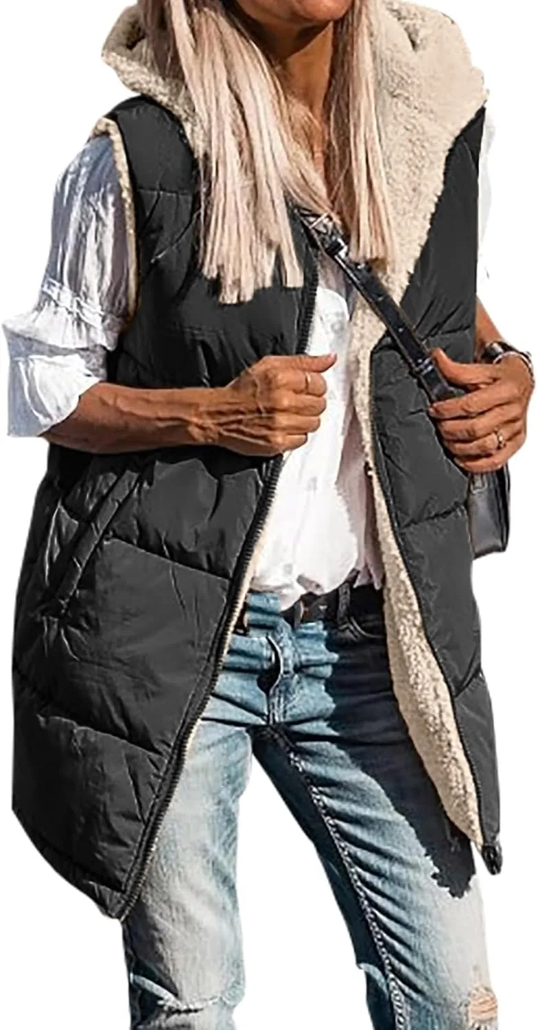 Wankang Womens Fuzzy Fleece Lined Vest Reversible Sherpa Full Zip Jacket Lightweight Warm Quilted Sleeveless Outwear Pockets