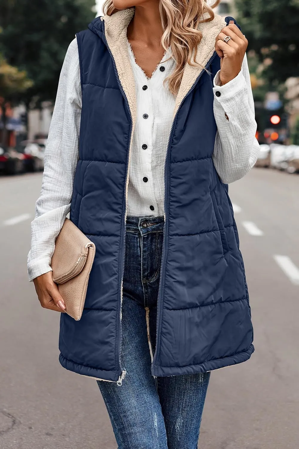 Wankang Womens Fuzzy Fleece Lined Vest Reversible Sherpa Full Zip Jacket Lightweight Warm Quilted Sleeveless Outwear Pockets