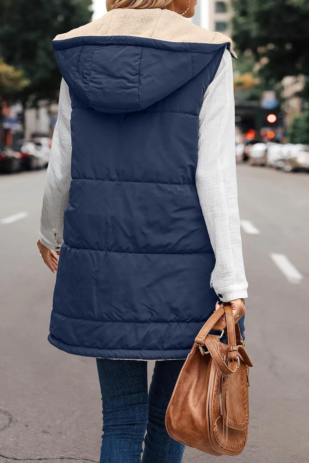 Wankang Womens Fuzzy Fleece Lined Vest Reversible Sherpa Full Zip Jacket Lightweight Warm Quilted Sleeveless Outwear Pockets