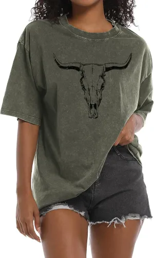 Western Cow Skull Shirts for Women Oversized Cowgirl Country Concert Vintage Graphic Tees Cowboy Rodeo T Shirt Tops