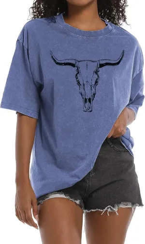 Western Cow Skull Shirts for Women Oversized Cowgirl Country Concert Vintage Graphic Tees Cowboy Rodeo T Shirt Tops