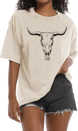 Western Cow Skull Shirts for Women Oversized Cowgirl Country Concert Vintage Graphic Tees Cowboy Rodeo T Shirt Tops